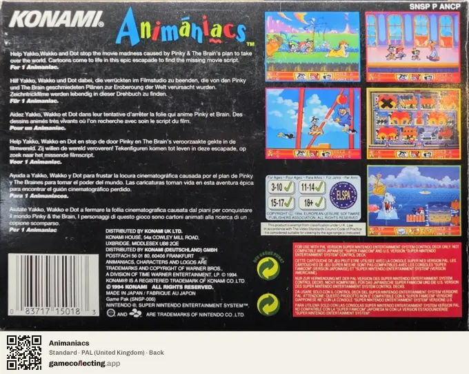 Animaniacs Super Nintendo Entertainment System, United Kingdom box back
