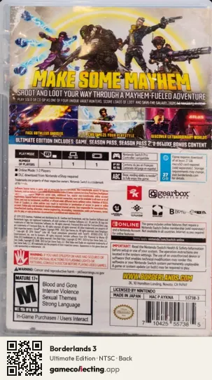 Borderlands 3 Nintendo Switch, NTSC box back