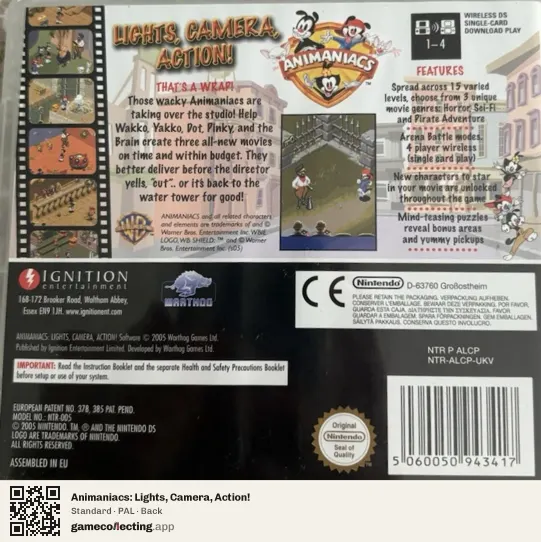 Animaniacs: Lights, Camera, Action! Nintendo DS, PAL box back