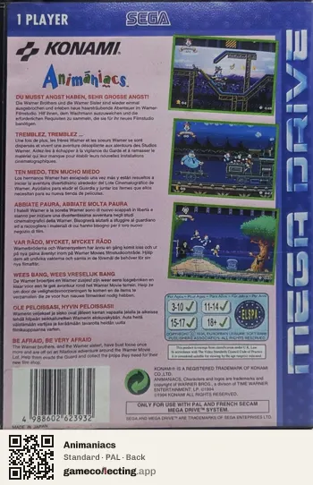 Animaniacs Sega Mega Drive / Genesis, PAL box back