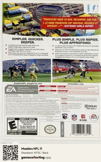 Madden NFL 11 Nintendo Wii, NTSC box back