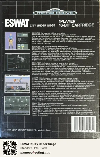 ESWAT: City Under Siege Sega Mega Drive / Genesis, PAL box back