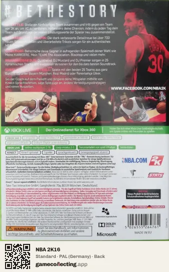 NBA 2K16 Xbox 360, Germany box back