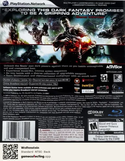 Wolfenstein PlayStation 3, NTSC box back