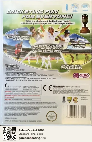 Ashes Cricket 2009 Nintendo Wii, PAL box back
