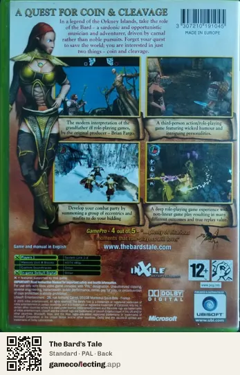 The Bard's Tale Xbox, PAL box back