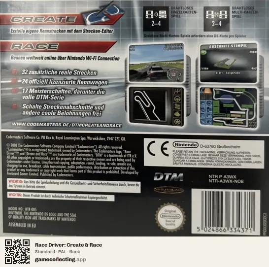 Race Driver: Create & Race Nintendo DS, PAL box back