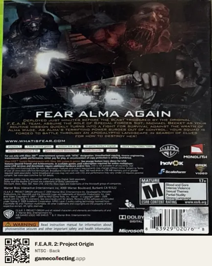 F.E.A.R. 2: Project Origin Xbox 360, NTSC box back