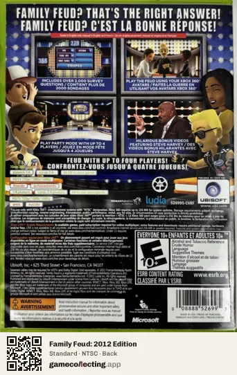 Family Feud: 2012 Edition Xbox 360, NTSC box back