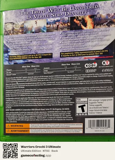 Warriors Orochi 3 Ultimate Xbox One, NTSC box back