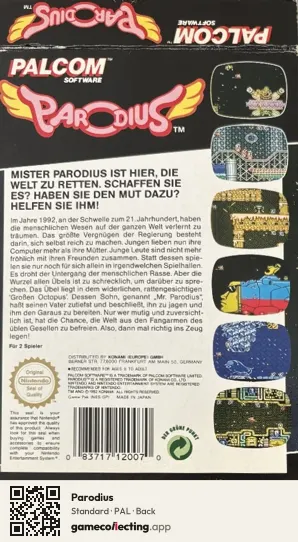 Parodius Nintendo Entertainment System, PAL box back