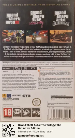 Grand Theft Auto: The Trilogy: The Definitive Edition Nintendo Switch, Spain box back