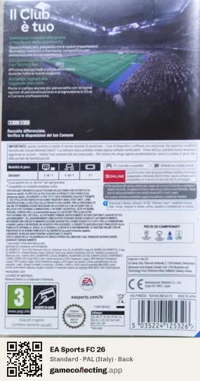 EA Sports FC 26 Nintendo Switch, Italy box back