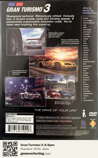 Gran Turismo 3: A-Spec PlayStation 2, NTSC box back