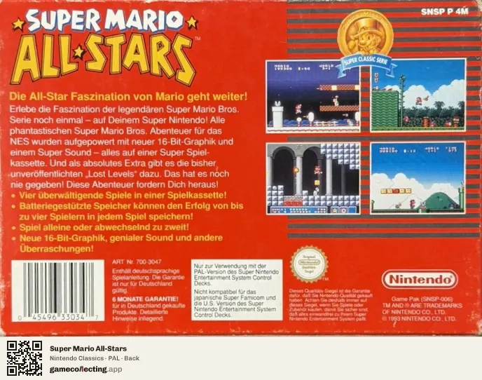 Super Mario All-Stars Super Nintendo Entertainment System, PAL box back