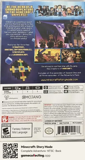 Minecraft: Story Mode Nintendo Switch, NTSC box back