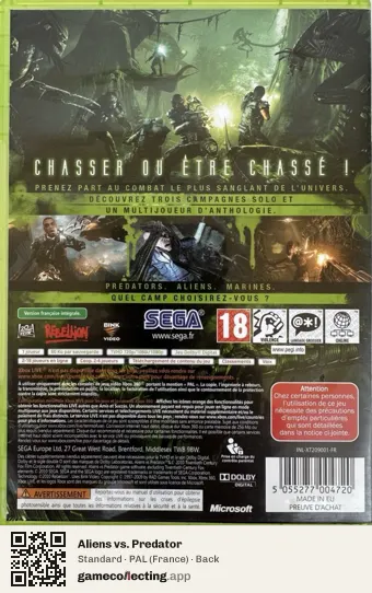 Aliens vs. Predator Xbox 360, France box back
