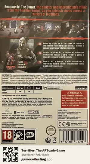 Terrifier: The ARTcade Game Nintendo Switch, PAL box back
