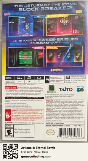 Arkanoid: Eternal Battle Nintendo Switch, NTSC box back