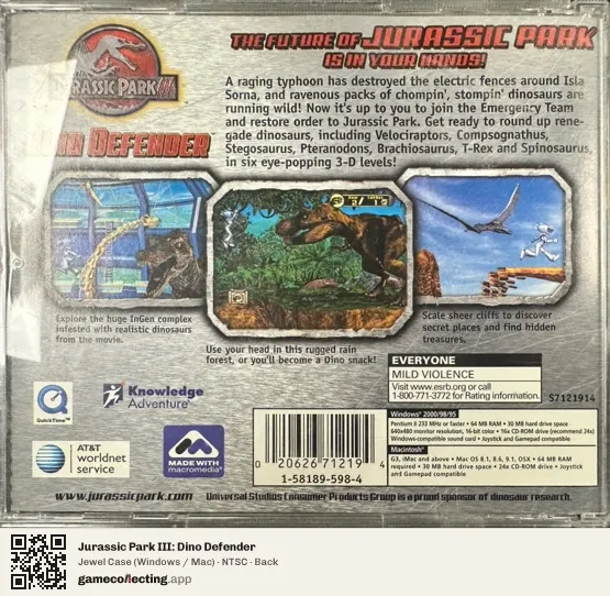Jurassic Park III: Dino Defender Computer, NTSC box back