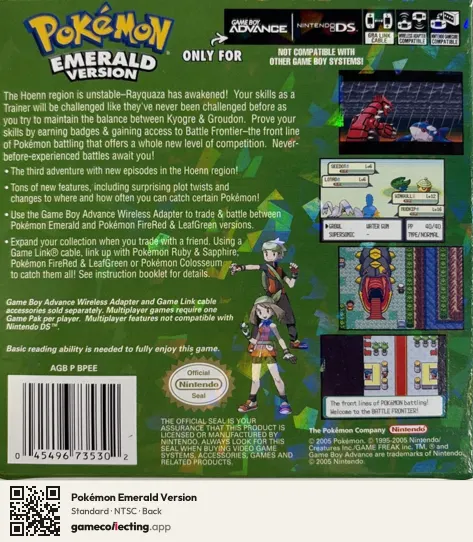 Pokémon Emerald Version Game Boy Advance, NTSC box back