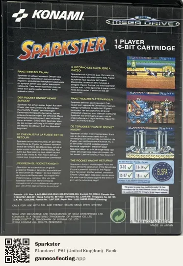 Sparkster Sega Mega Drive / Genesis, United Kingdom box back