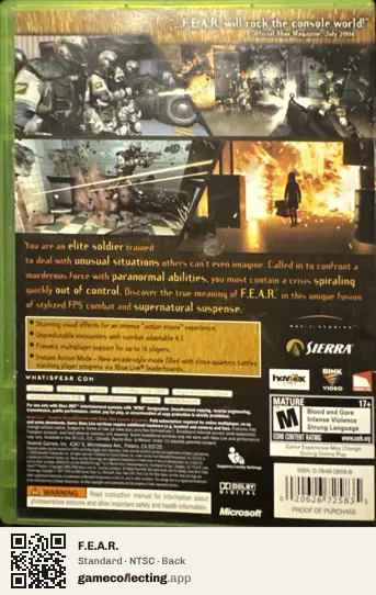 F.E.A.R. Xbox 360, NTSC box back