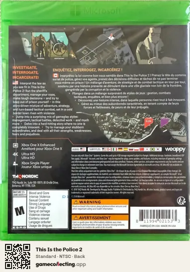 This Is the Police 2 Xbox One, NTSC box back