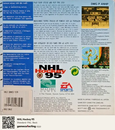 NHL Hockey 95 Game Boy, PAL box back