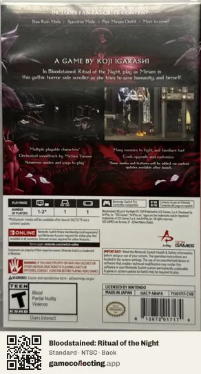 Bloodstained: Ritual of the Night Nintendo Switch, NTSC box back