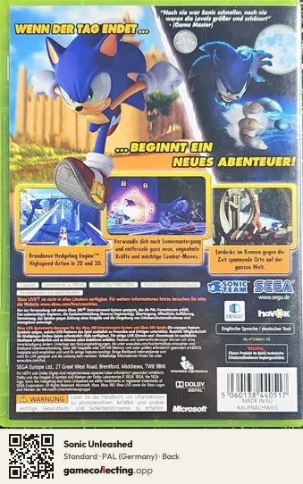 Sonic Unleashed Xbox 360, Germany box back