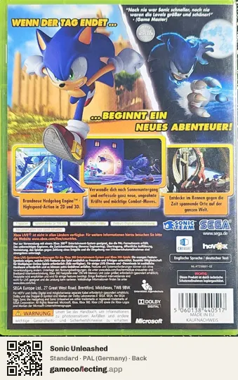 Sonic Unleashed Xbox 360, Germany box back