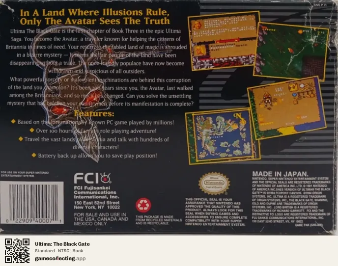 Ultima: The Black Gate Super Nintendo Entertainment System, NTSC box back