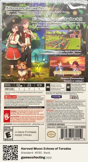 Harvest Moon: Echoes of Teradea Nintendo Switch, NTSC box back