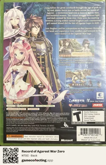 Record of Agarest War Zero Xbox 360, NTSC box back