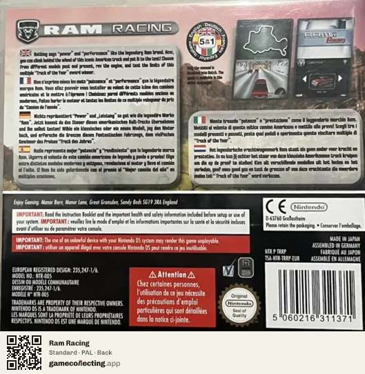Ram Racing Nintendo DS, PAL box back