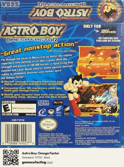 Astro Boy: Omega Factor Game Boy Advance, NTSC box back