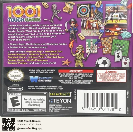 1001 Touch Games Nintendo DS, NTSC box back