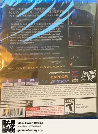 Clock Tower: Rewind PlayStation 4, NTSC box back