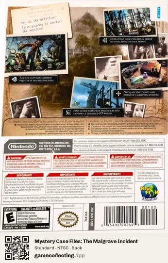 Mystery Case Files: The Malgrave Incident Nintendo Wii, NTSC box back