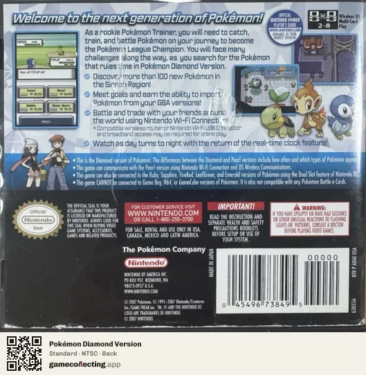 Pokémon Diamond Version Nintendo DS, NTSC box back
