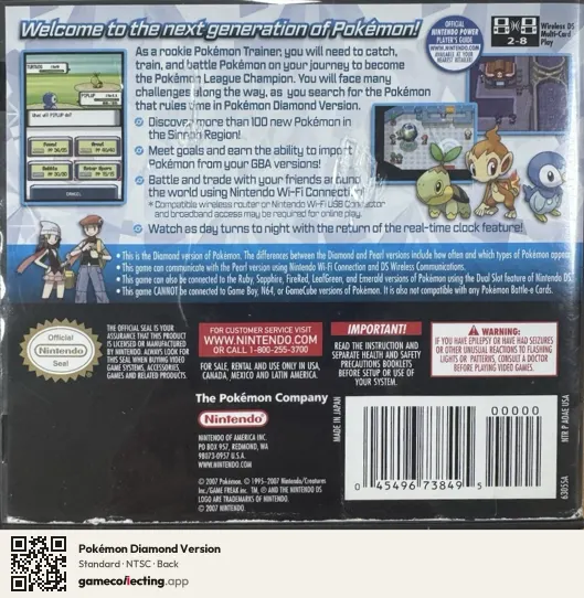Pokémon Diamond Version Nintendo DS, NTSC box back