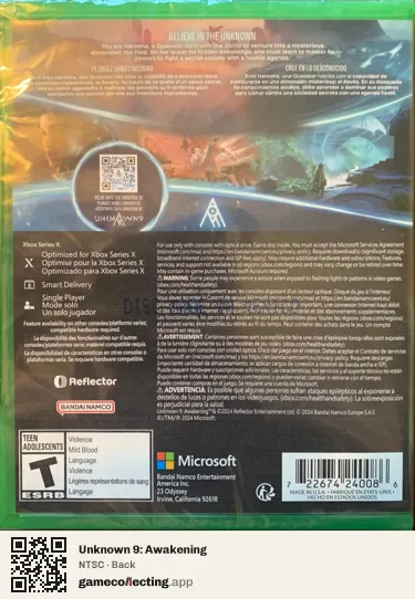 Unknown 9: Awakening Xbox Series X, NTSC box back