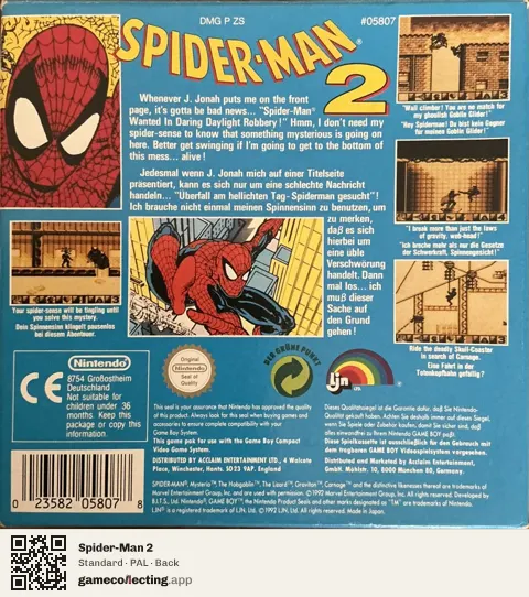 Spider-Man 2 Game Boy, PAL box back