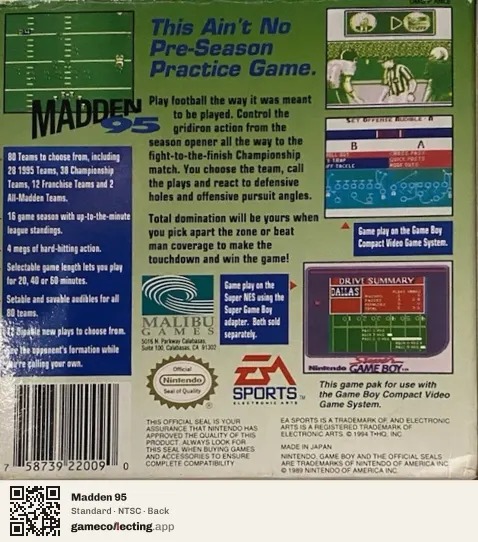 Madden 95 Game Boy, NTSC box back