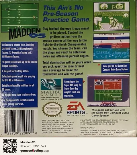 Madden 95 Game Boy, NTSC box back