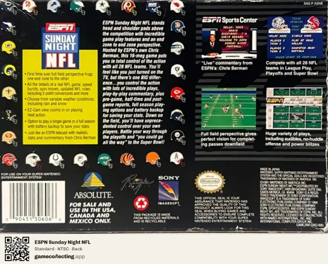 ESPN Sunday Night NFL Super Nintendo Entertainment System, NTSC box back