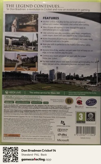Don Bradman Cricket 14 Xbox 360, PAL box back