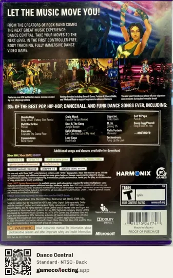 Dance Central Xbox 360, NTSC box back