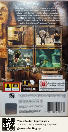 Tomb Raider: Anniversary PlayStation Portable, United Kingdom box back